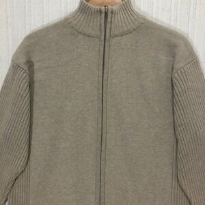 Fusione Mens Tan Beige Full Zip Ribbed Sleeve Cotton Cardigan Sweater Large
